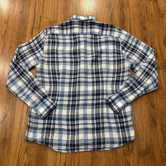 Barbour Shirt Mens Large Linen Blue White Plaid Tailored Fit Long Sleeve - Picture 6 of 7